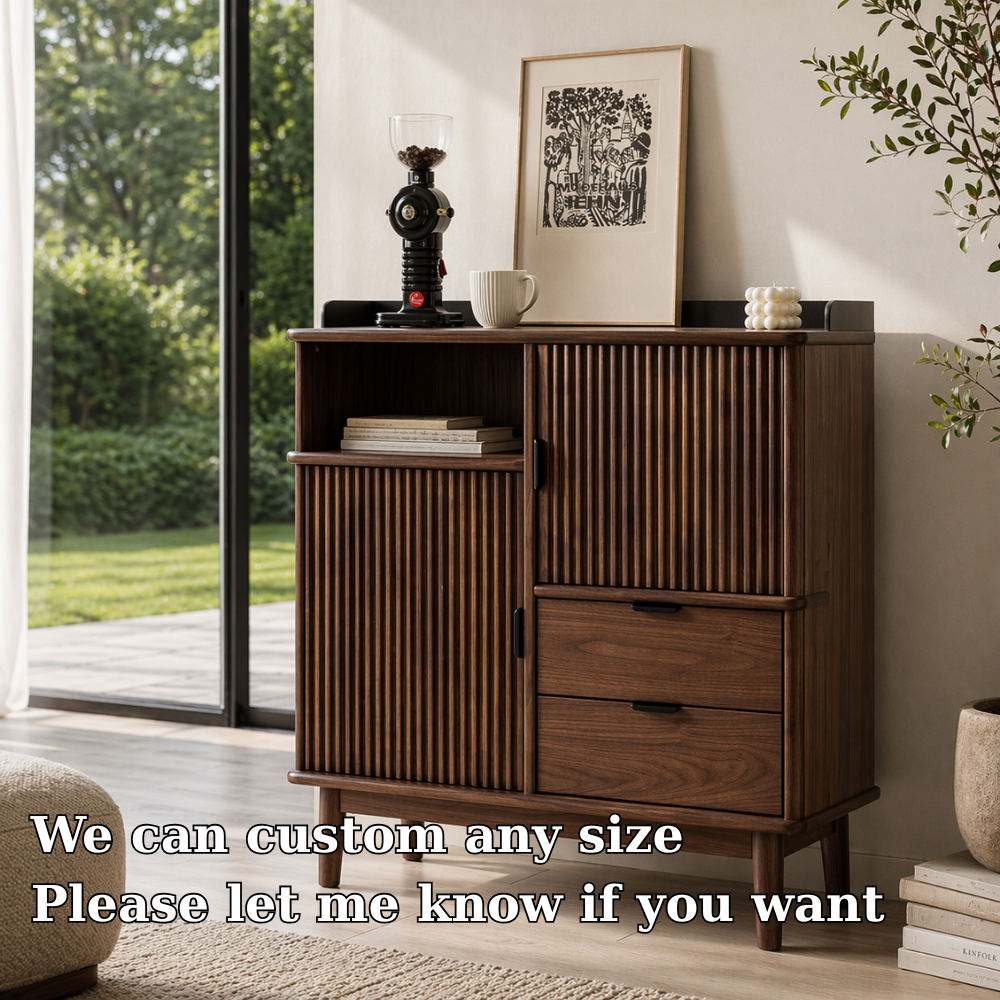 Solid Wood Console Sideboard with Fluted Doors – Mid Century Modern Storage Cabinet