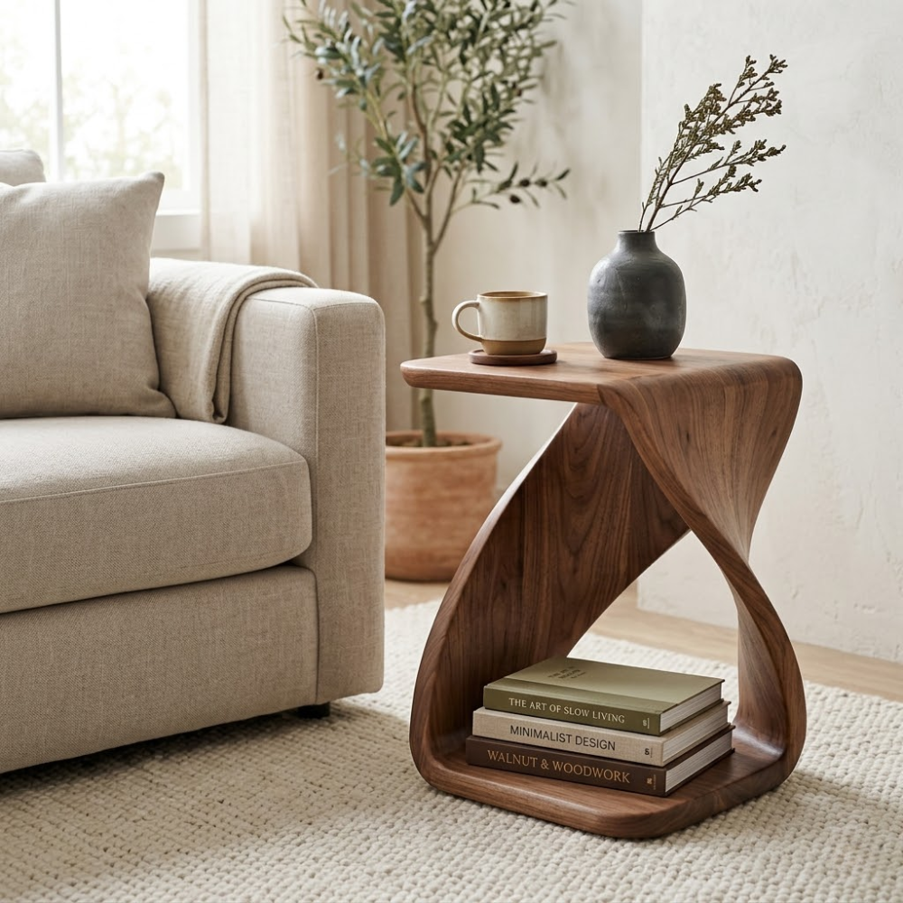 Solid Wood Sculptural End Table with Twisted Base and Storage Shelf