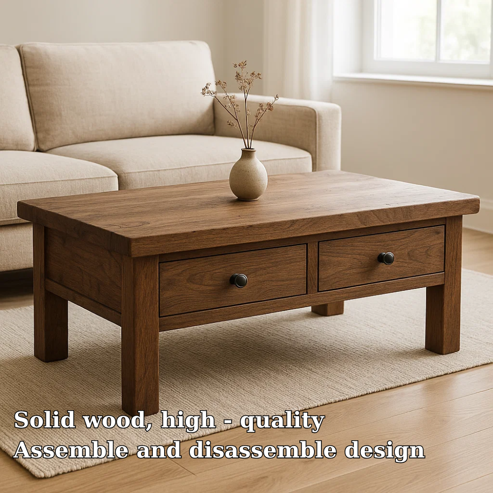 Solid Wood Coffee Table with Drawers Rustic Living Room Storage Coffee Table