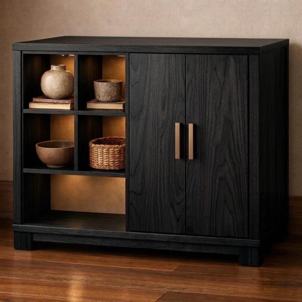 Mid-Century Modern Wood Console Cabinet with Open Shelves