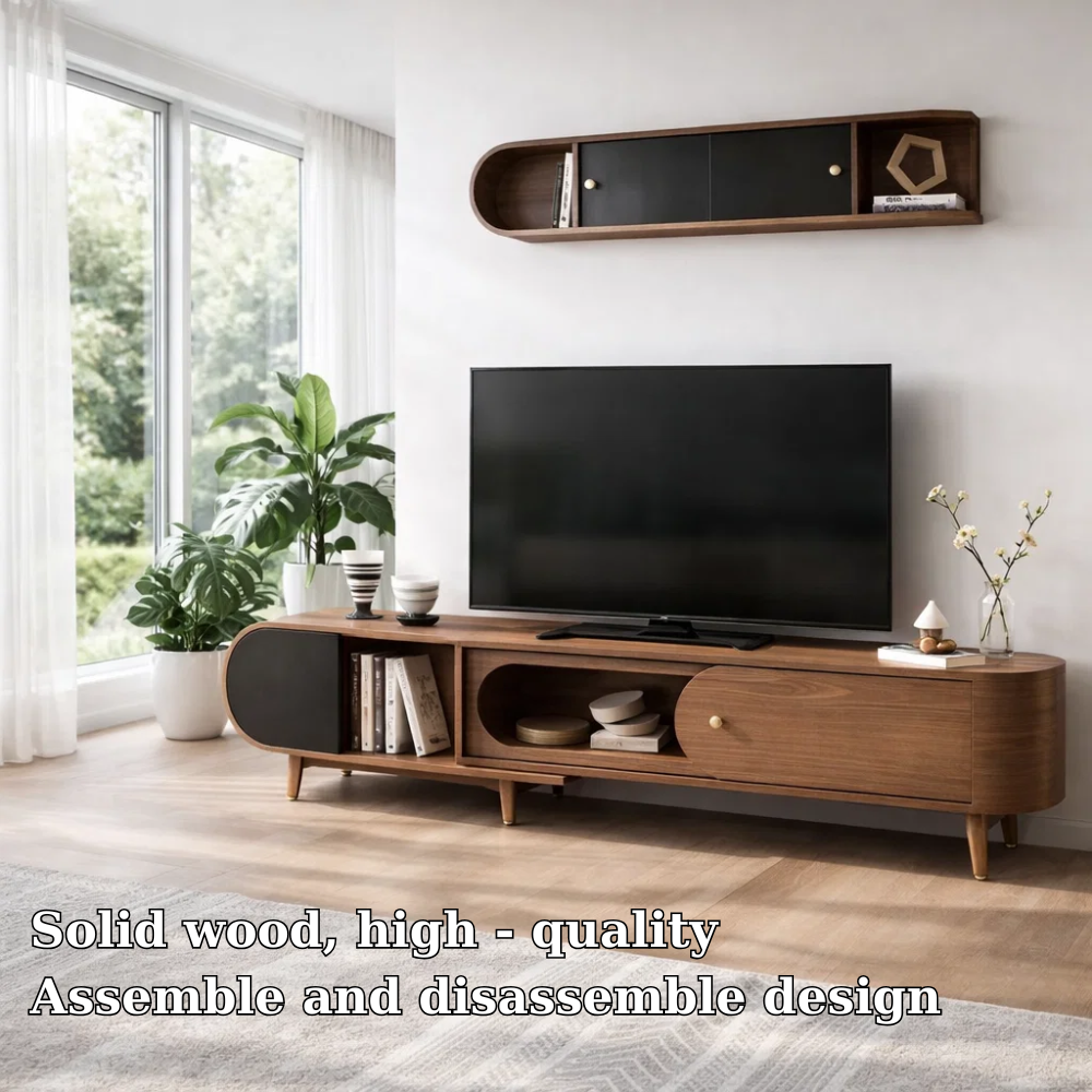 Mid Century Solid Wood TV Console with Cabinets & Open Shelf Storage