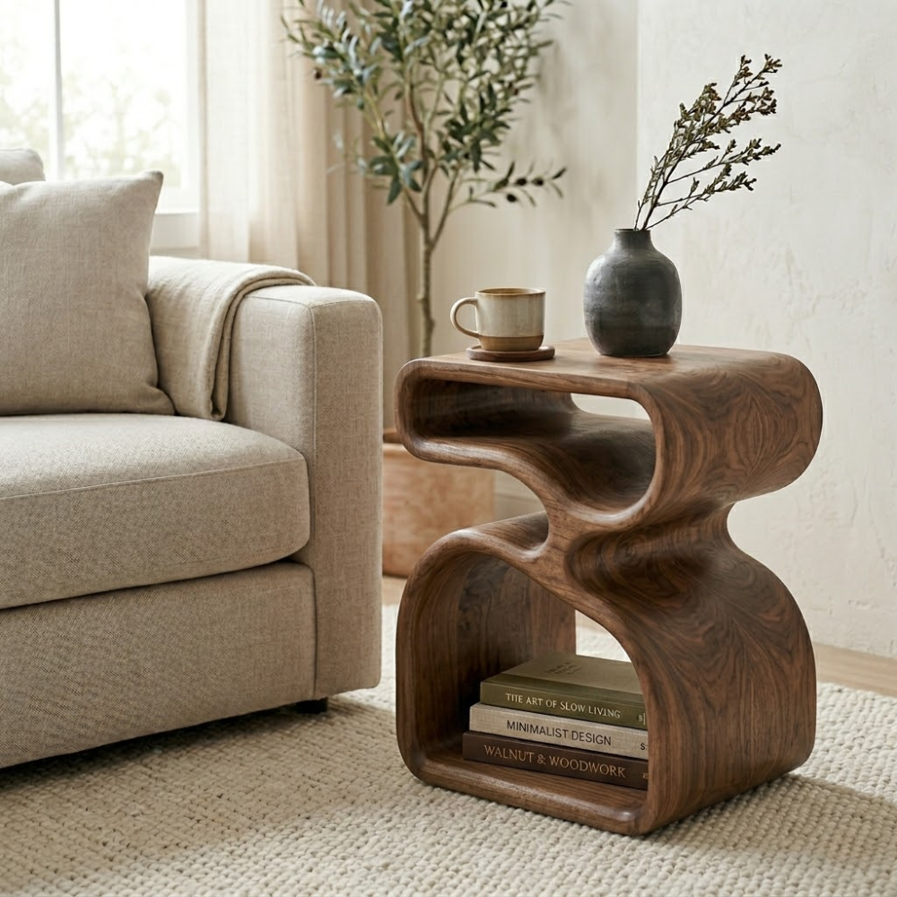 Organic Solid Wood End Table with Sculptural Curves and Storage Shelf