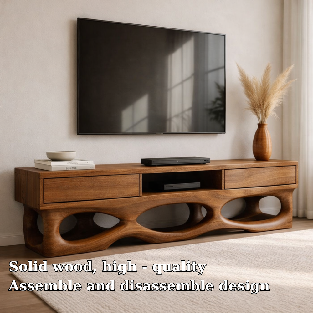 Solid Wood TV Cabinet with Sculptural Base and Storage Drawers