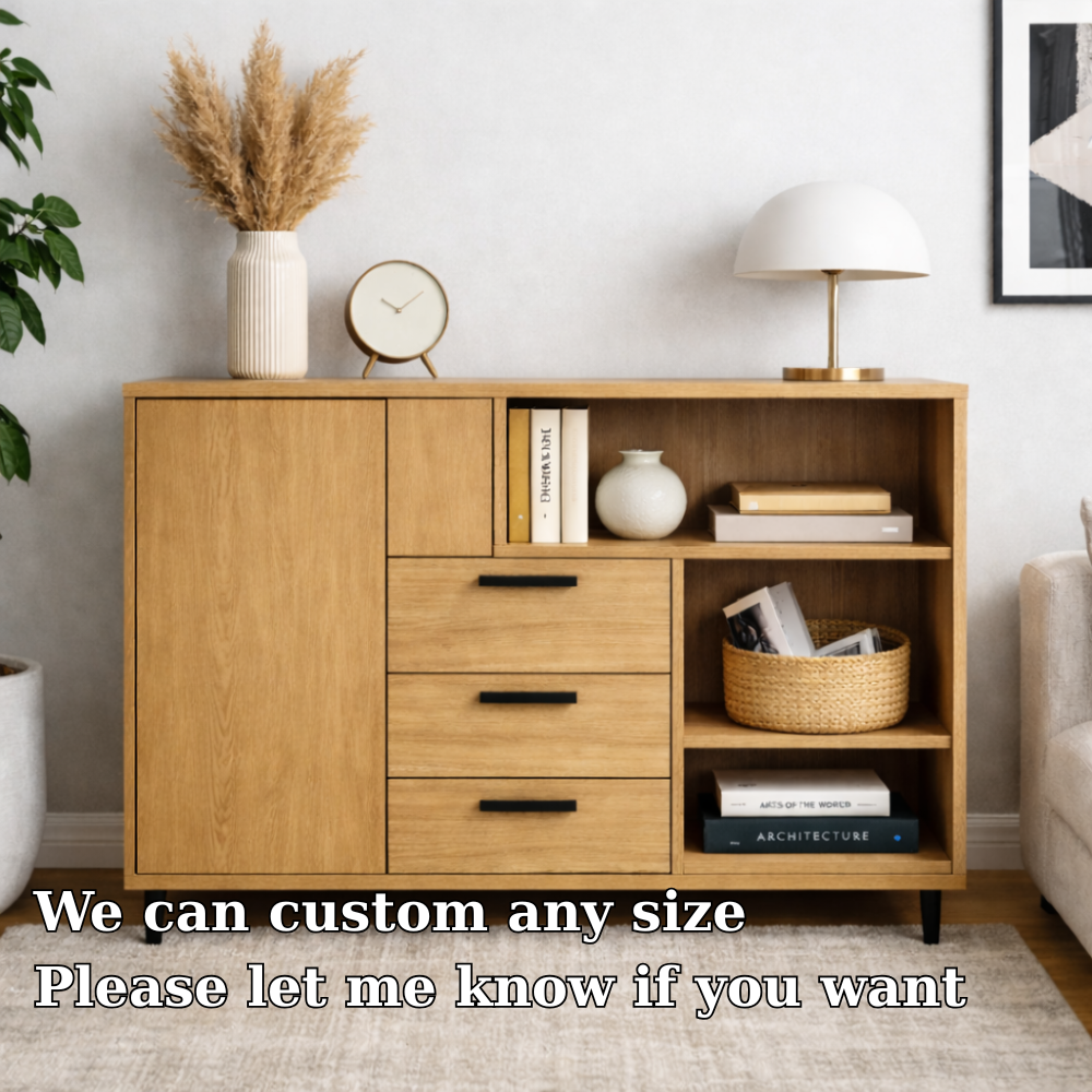 Modern Solid Wood Console Cabinet with Drawers, Door & Open Shelf Storage