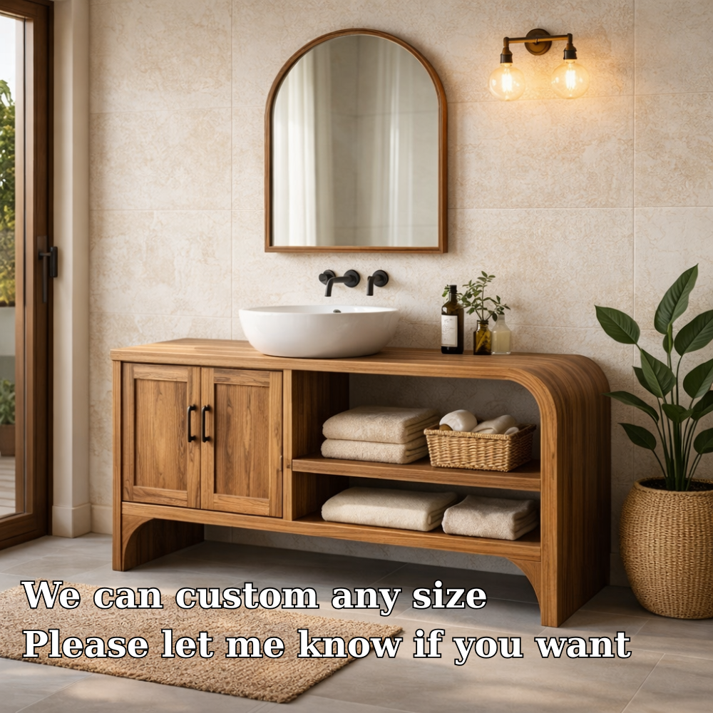 Solid Wood Bathroom Vanity Cabinet with Open Shelf and Double Doors Storage