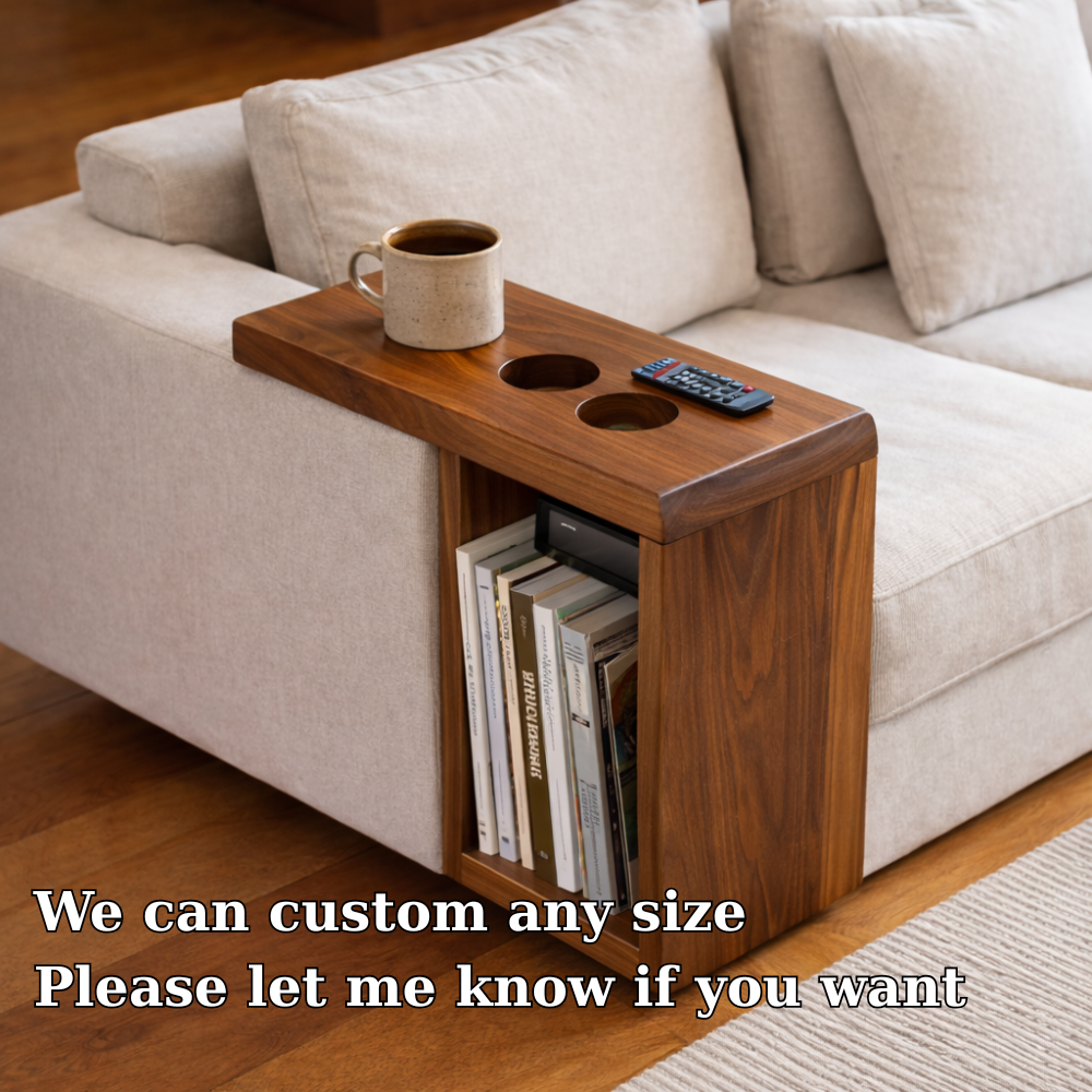 Solid Wood Sofa Armrest Table with Cup Holders – Couch Arm Tray with Storage