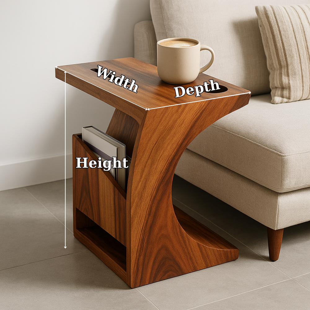 Solid Wood Sofa Armrest Table with Cup Holder and Magazine Rack Side Table