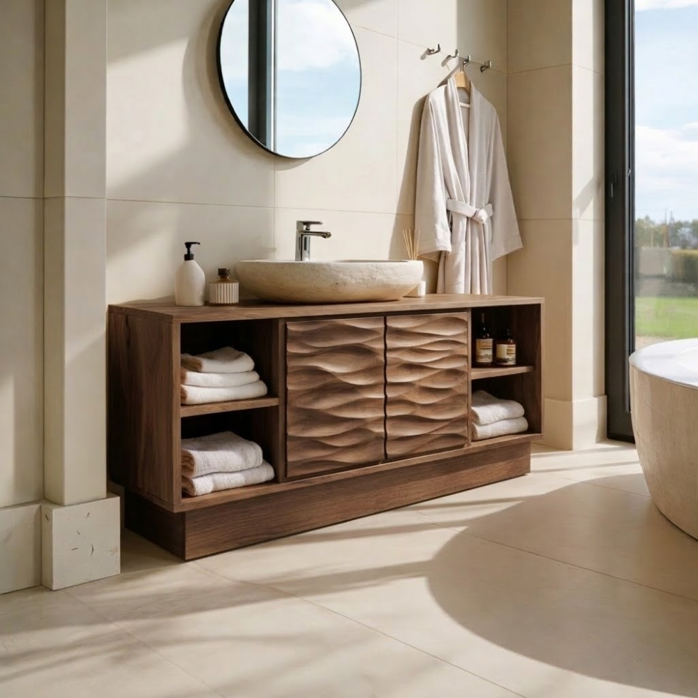 Modern Solid Wood Bathroom Vanity with Wave-Patterned Doors – Storage Cabinet