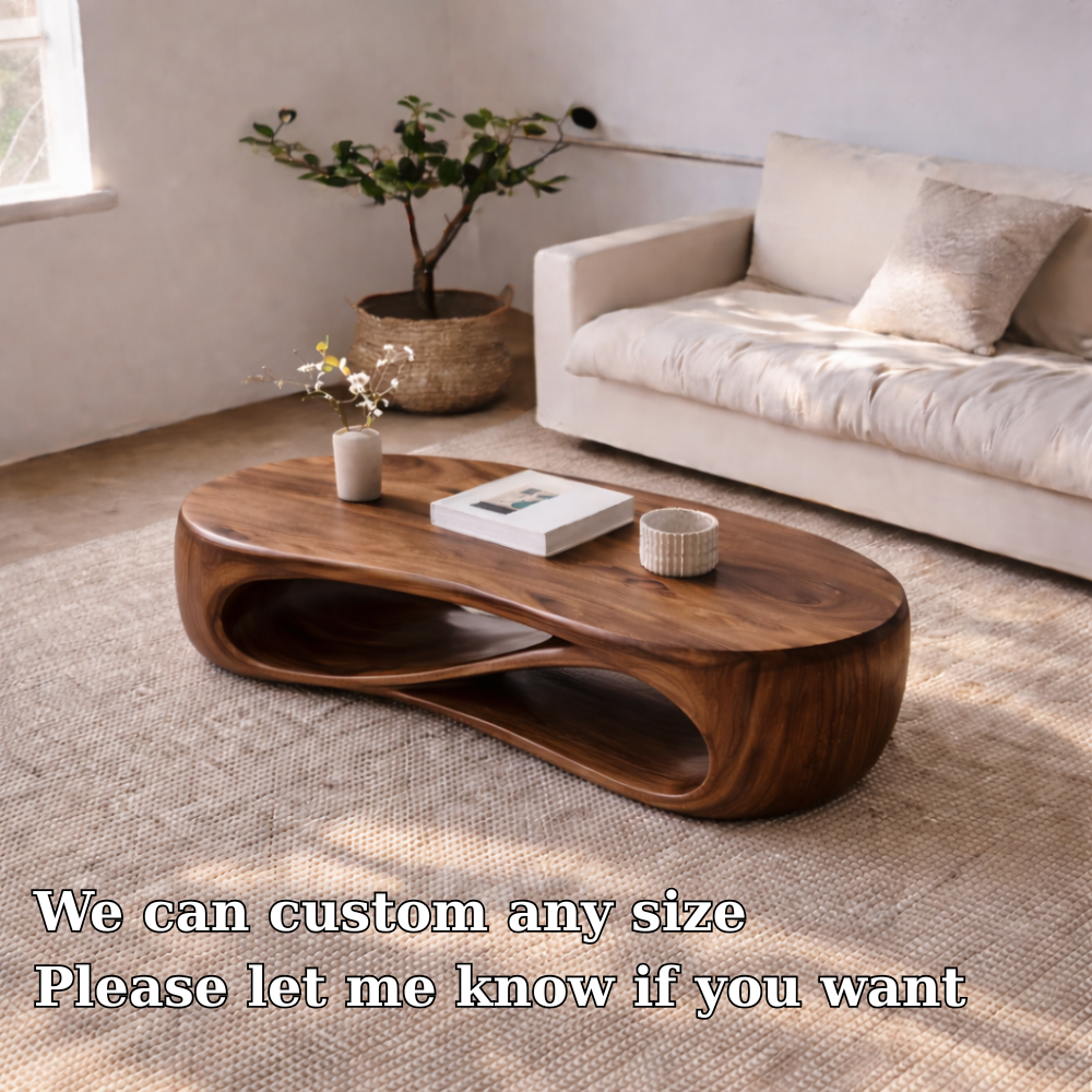 Solid Wood Sculptural Coffee Table with Curved Storage Shelf – Modern Living Room Table
