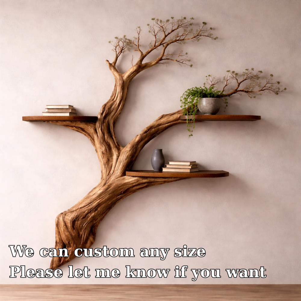 Handcrafted Solid Wood Tree Branch Wall Shelf - Rustic Floating Bookshelf & Kitchen Decor