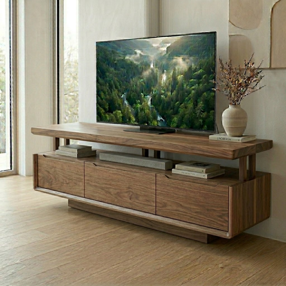 Solid Wood Floating Media Console – Modern TV Stand with Open Shelf Storage