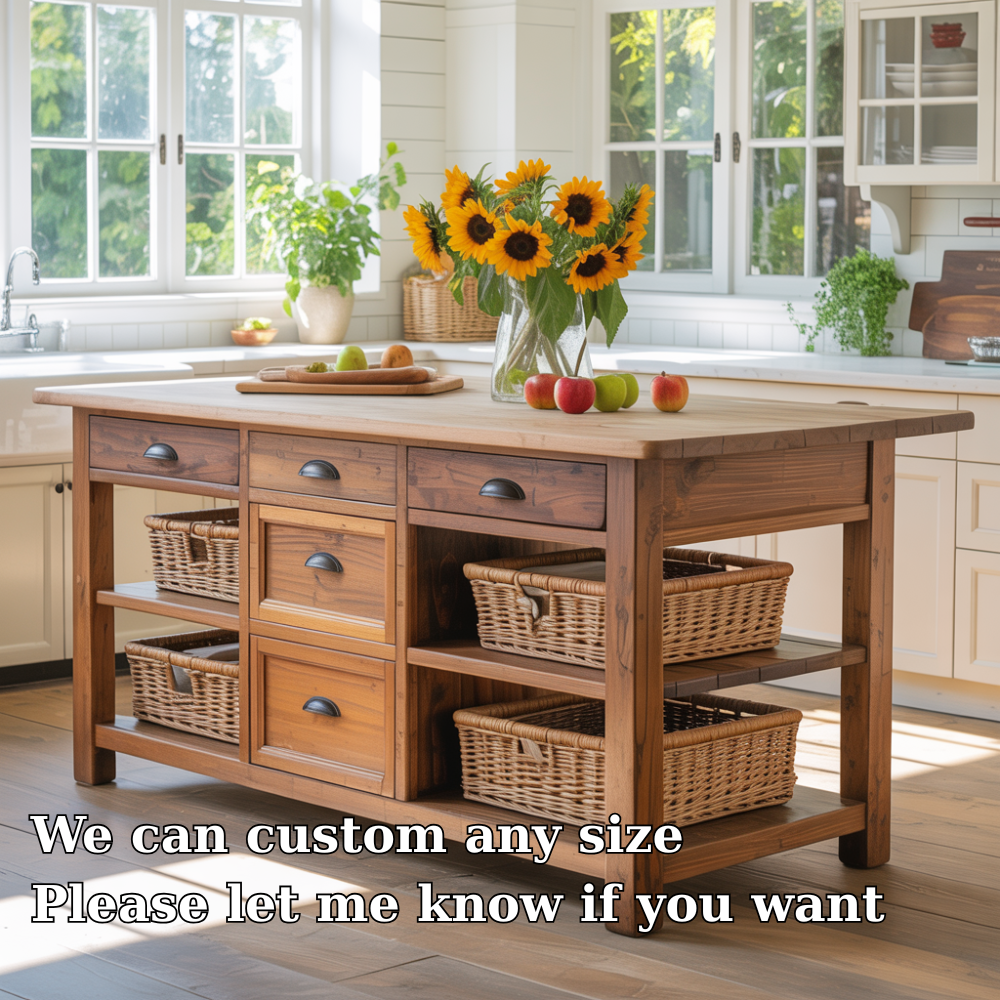 Solid Wood Kitchen Island with Drawers & Basket Storage – Farmhouse Prep Table
