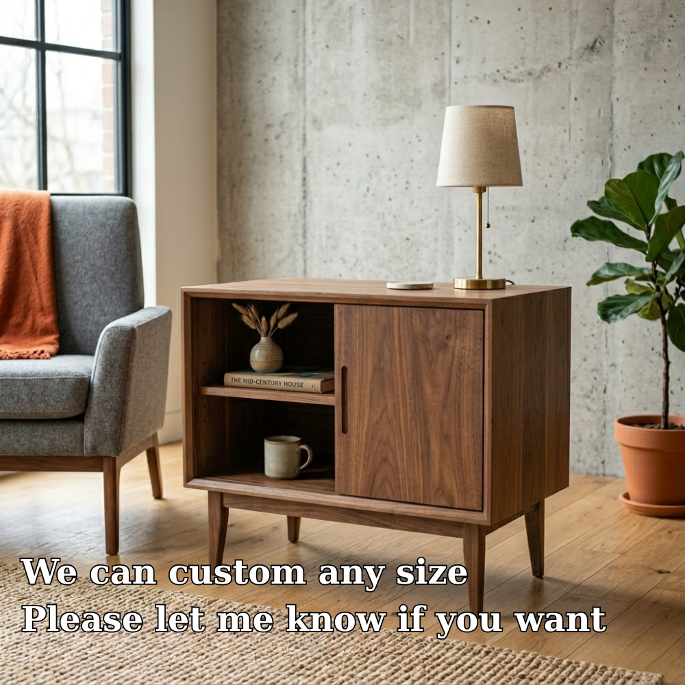 Solid Wood End Table with Sliding Door and Shelf – Mid Century Modern Side Table