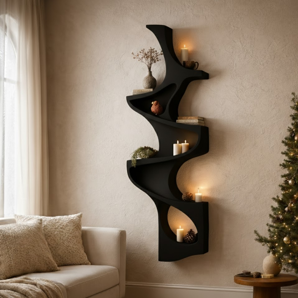 Handcrafted Solid Wood Vertical Wave Shelf - Sculptural Floating Wall Art & Bookshelf