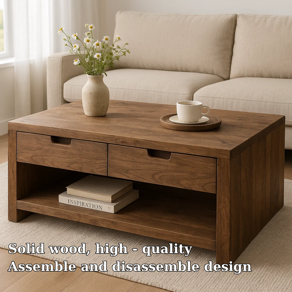Solid Wood Coffee Table with Drawers and Open Shelf Rustic Living Room Table