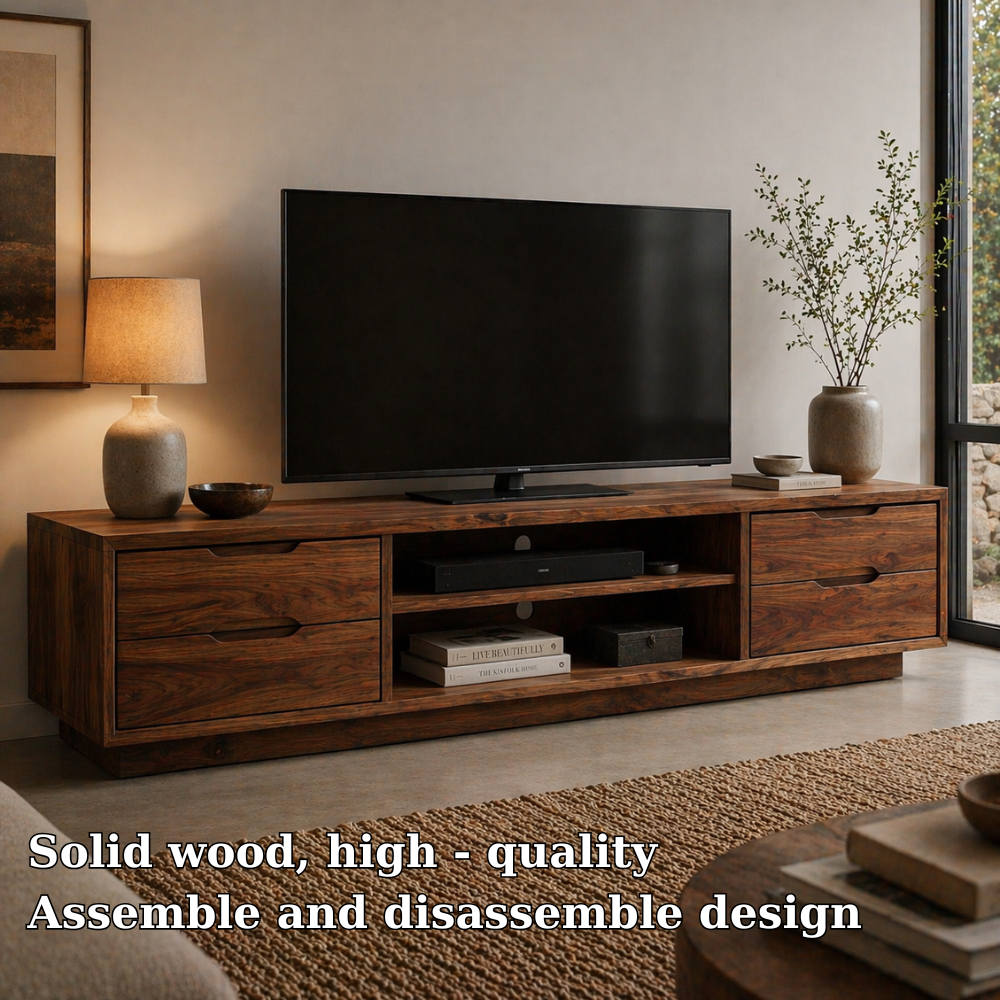 Solid Wood Media Console with Drawers, Modern Low TV Stand with Open Shelf Storage