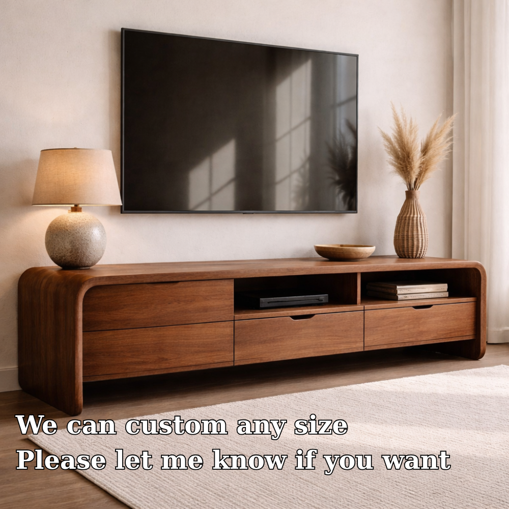 Solid Wood TV Cabinet with Drawers and Open Shelf Storage