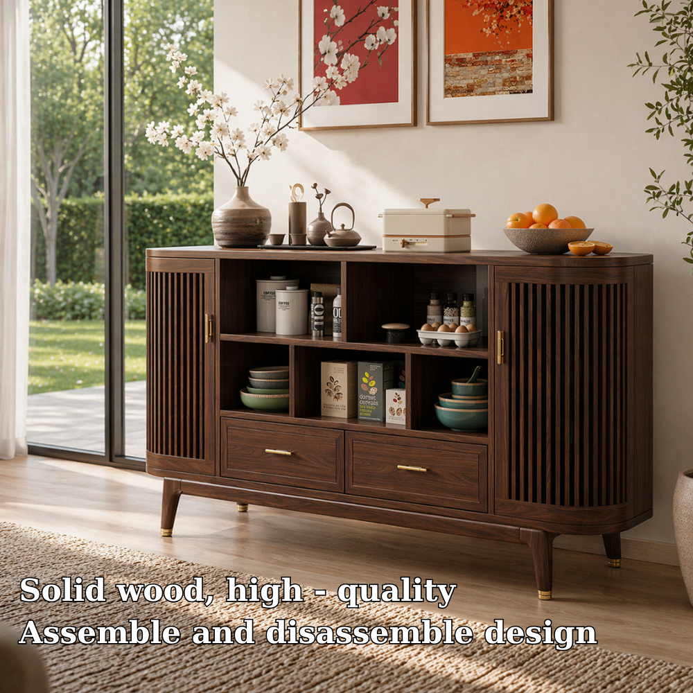 Mid Century Solid Wood Console Sideboard with Slatted Doors – Walnut Storage Cabinet