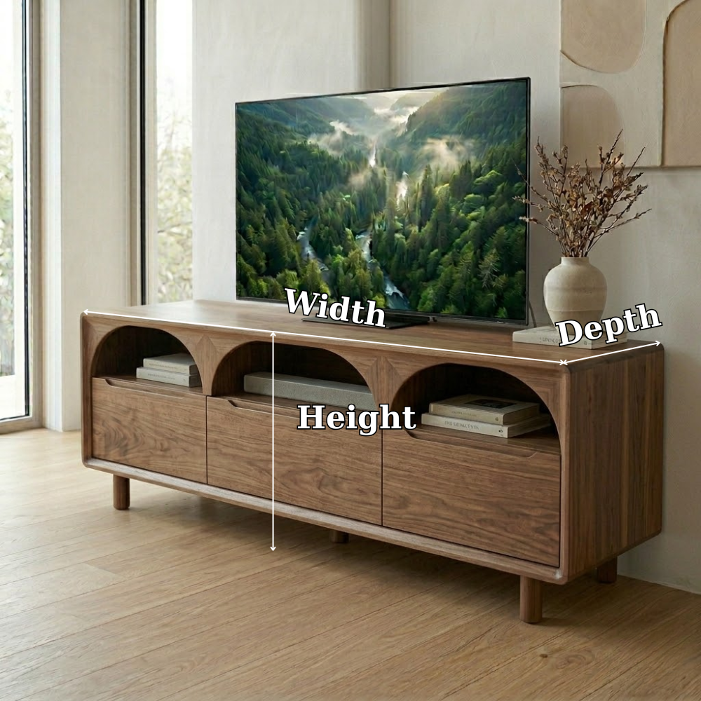 Solid Wood Media Console with Arched Shelves – Modern TV Stand Storage Unit