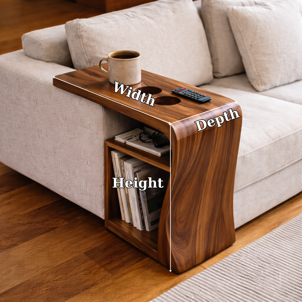Solid Wood Sofa Armrest Table with Cup Holders and Storage – Couch Arm Tray