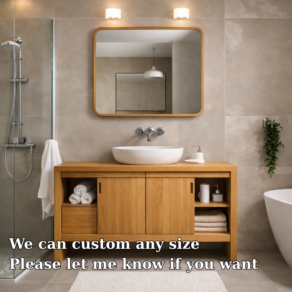 Solid Wood Bathroom Vanity Cabinet with Sliding Doors & Open Shelf Storage
