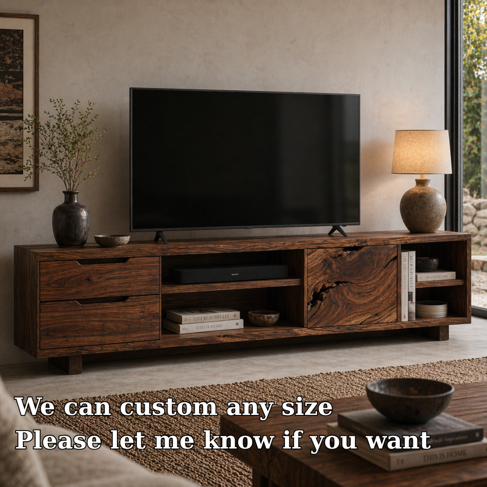 Solid Wood Media Console with Live Edge Door, Modern Rustic TV Stand with Storage