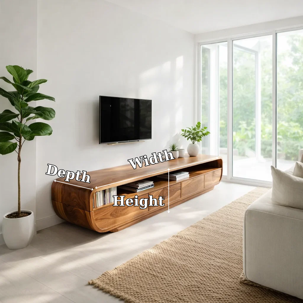 Solid Wood Media Console with Curved Edges & Drawers, Modern Low TV Stand