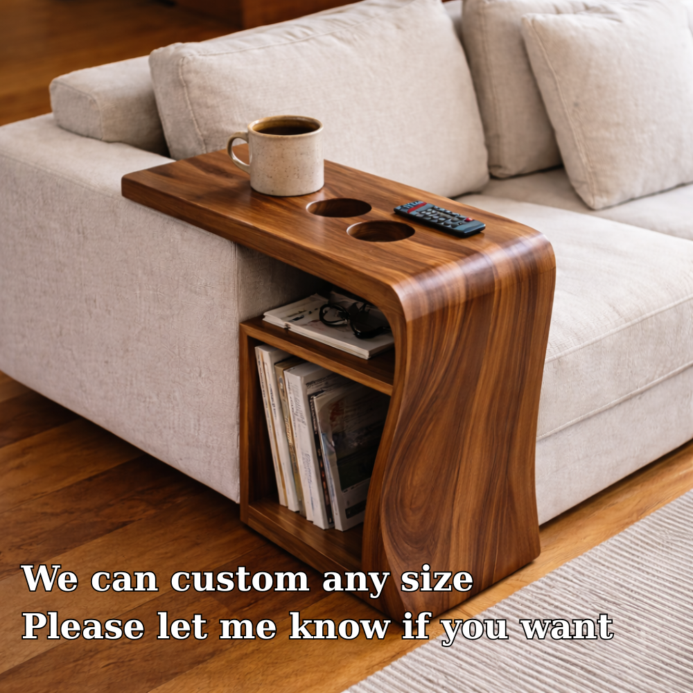 Solid Wood Sofa Armrest Table with Cup Holders and Storage – Couch Arm Tray