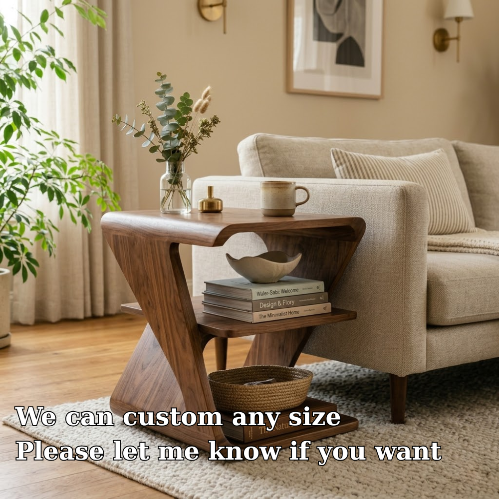 Modern Solid Wood End Table with Storage Shelves – Sculptural Side Table