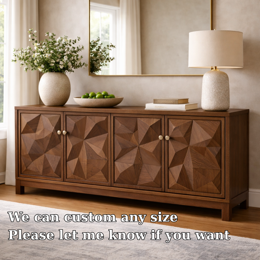 Solid Wood Console Cabinet with Geometric Carved Doors