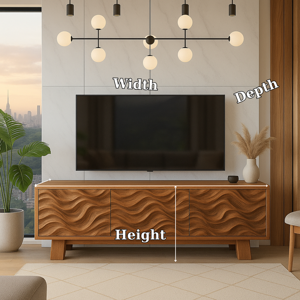 Solid Wood TV Stand Modern Walnut Media Console with Wave Front Storage Cabinet