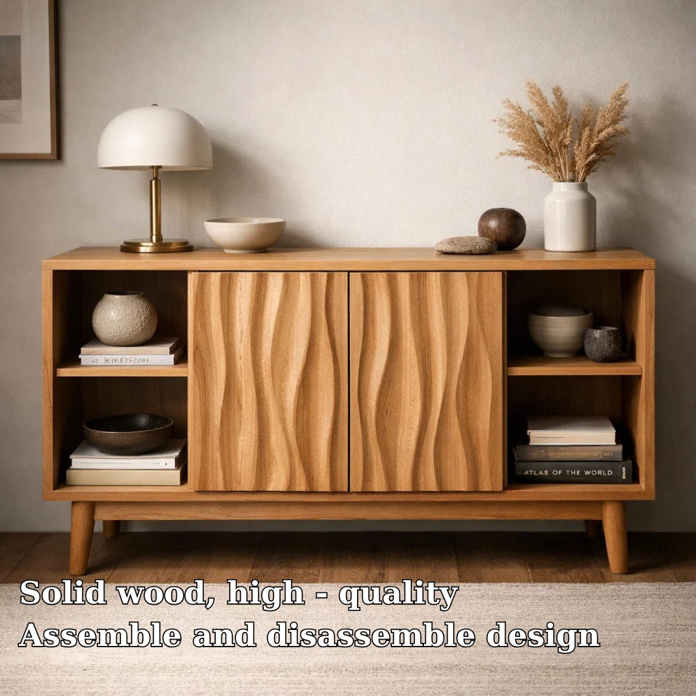 Elegant Solid Wood Console Cabinet with Wavy Doors - Stylish Storage for Living Room