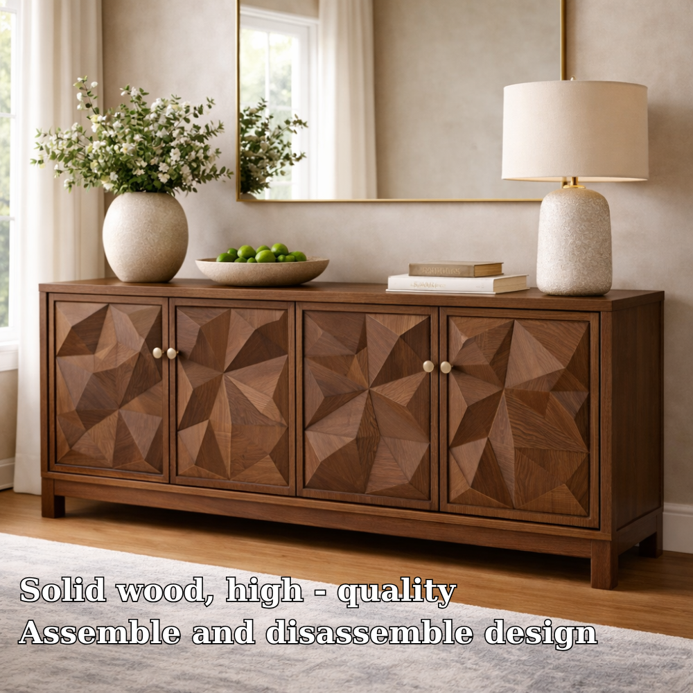 Solid Wood Console Cabinet with Geometric Carved Doors