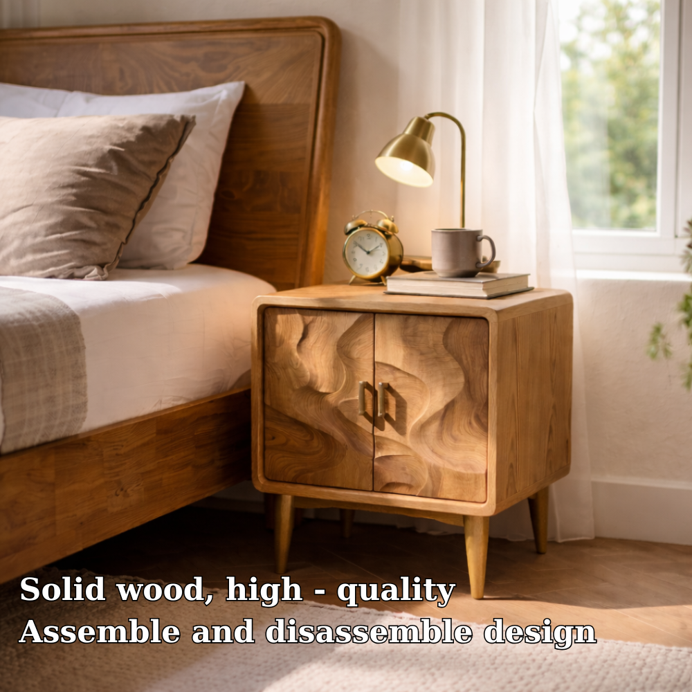 Solid Wood Nightstand with Cabinet Doors – Mid Century Modern Bedside Table
