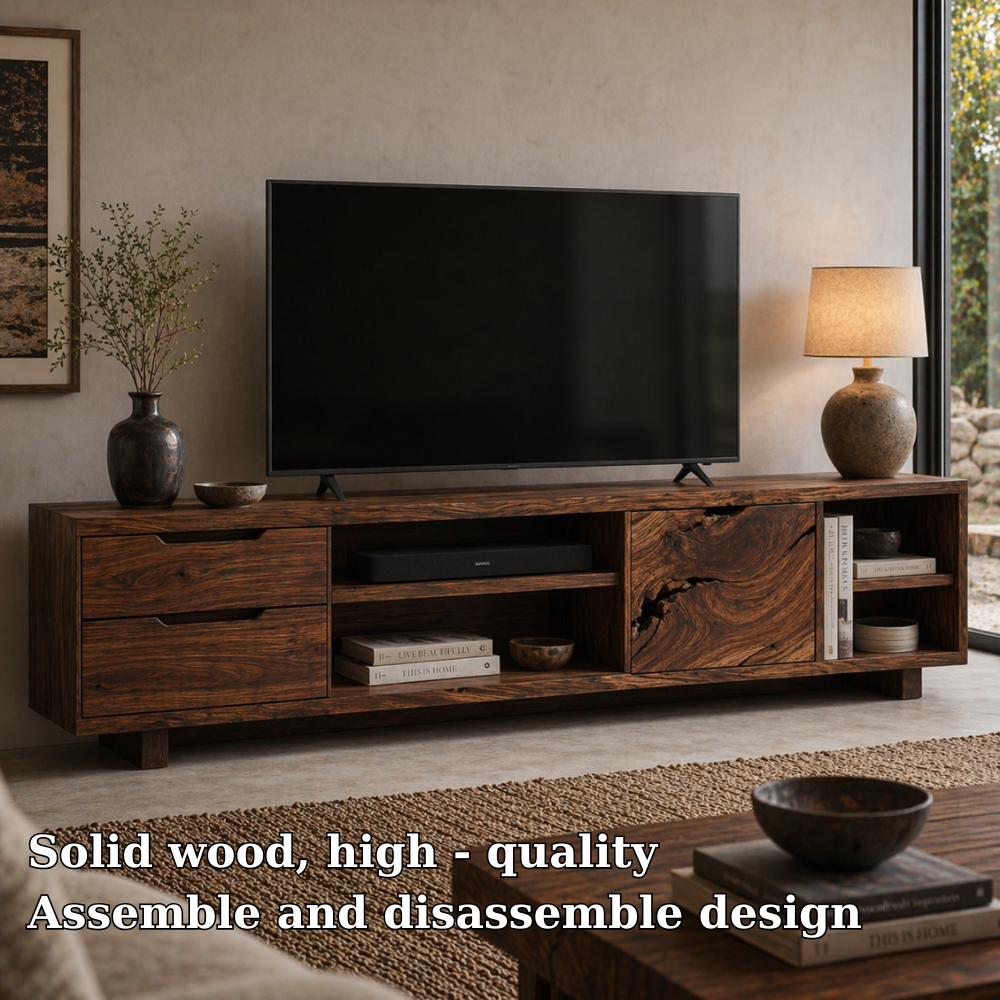 Solid Wood Media Console with Live Edge Door, Modern Rustic TV Stand with Storage