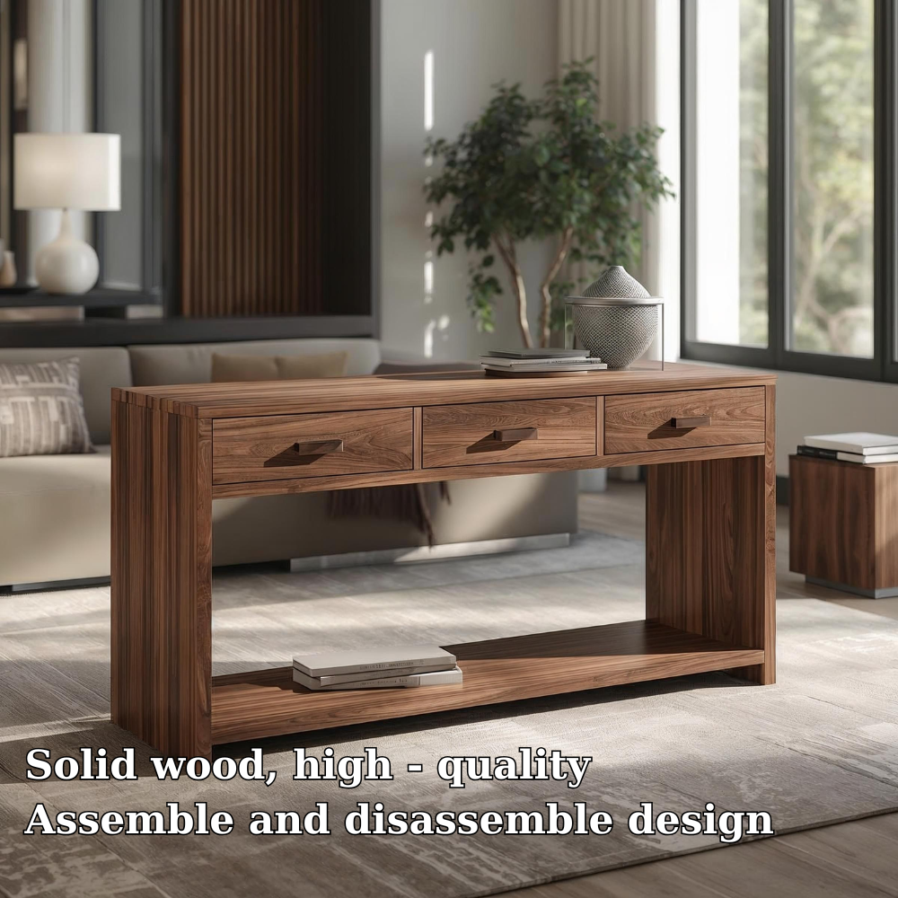 Solid Wood Console Table with Drawers and Shelf – Modern Entryway Storage Table