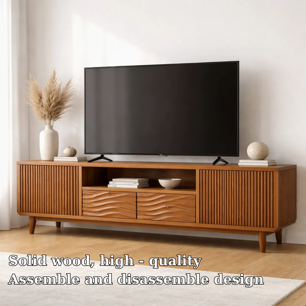 Modern Wood TV Cabinet with Slatted Doors & Wave Drawer – Media Console Storage