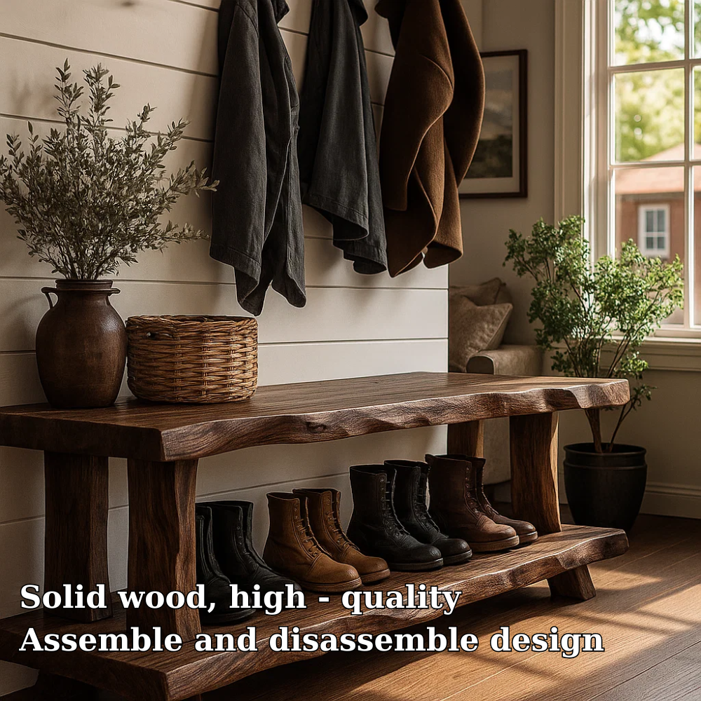 Solid Wood Entryway Bench with Shoe Storage Shelf Rustic Farmhouse Hallway Bench