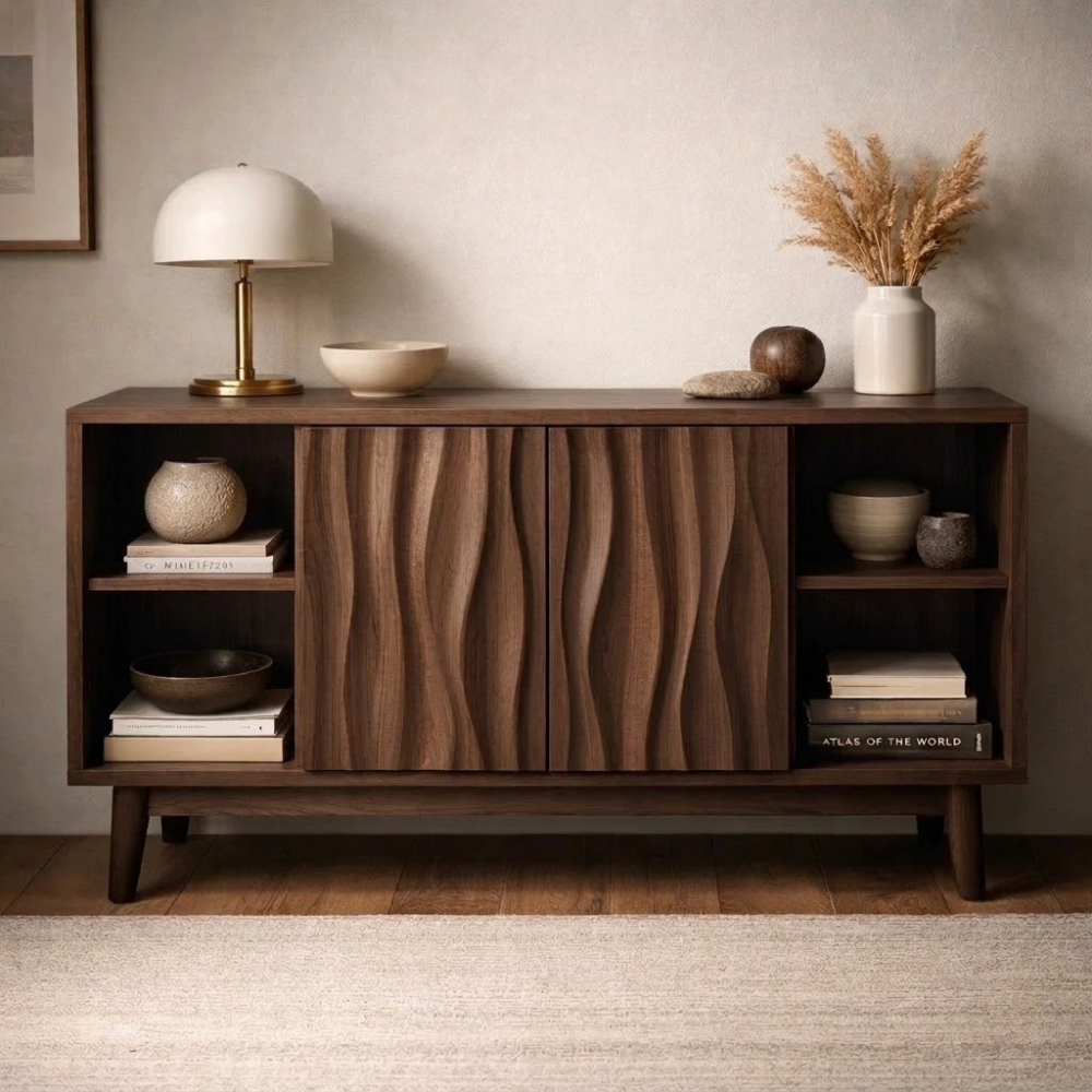 Elegant Solid Wood Console Cabinet with Wavy Doors - Stylish Storage for Living Room
