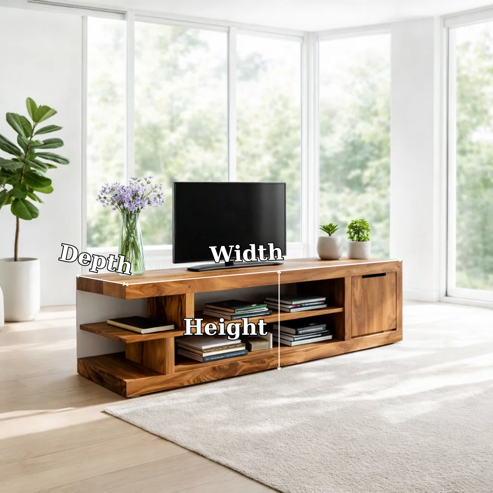 Solid Wood Media Console with Open Shelves & Cabinet, Modern TV Stand