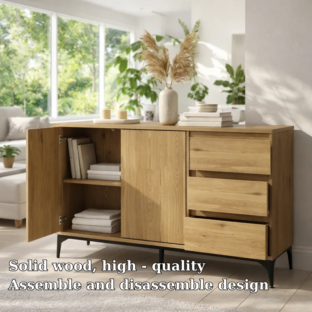Solid Wood Sideboard Cabinet with Drawers and Shelves