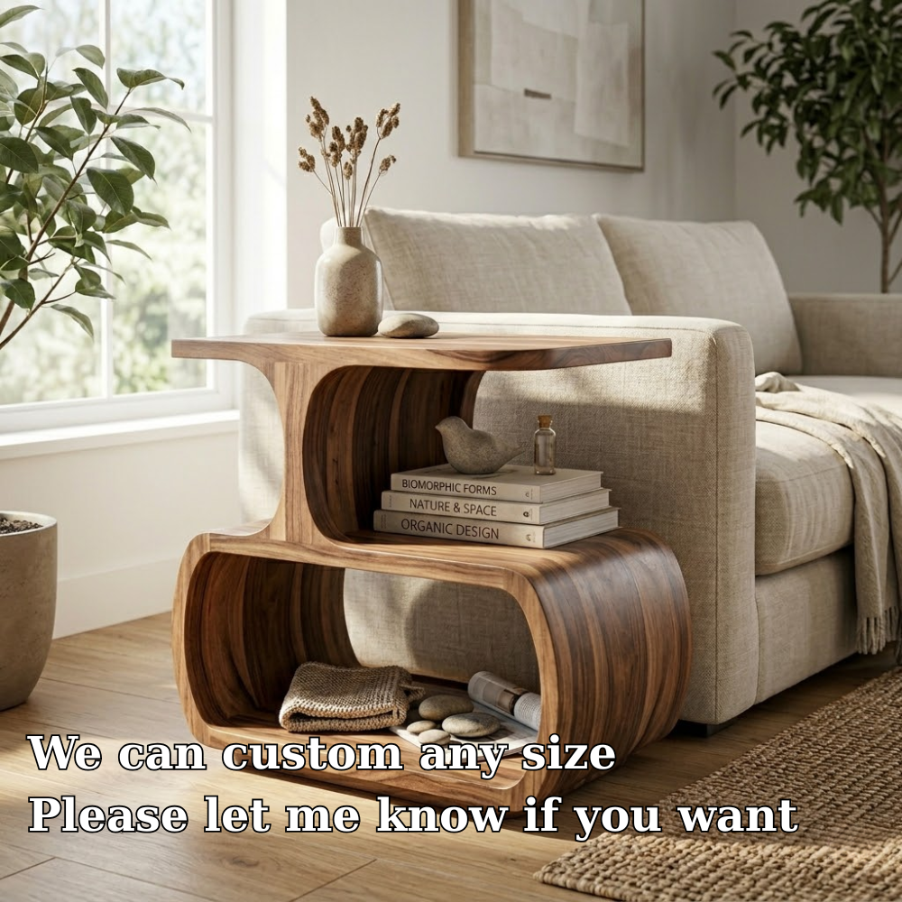Solid Wood Sculptural End Table with Storage Shelves – Modern Curved Side Table