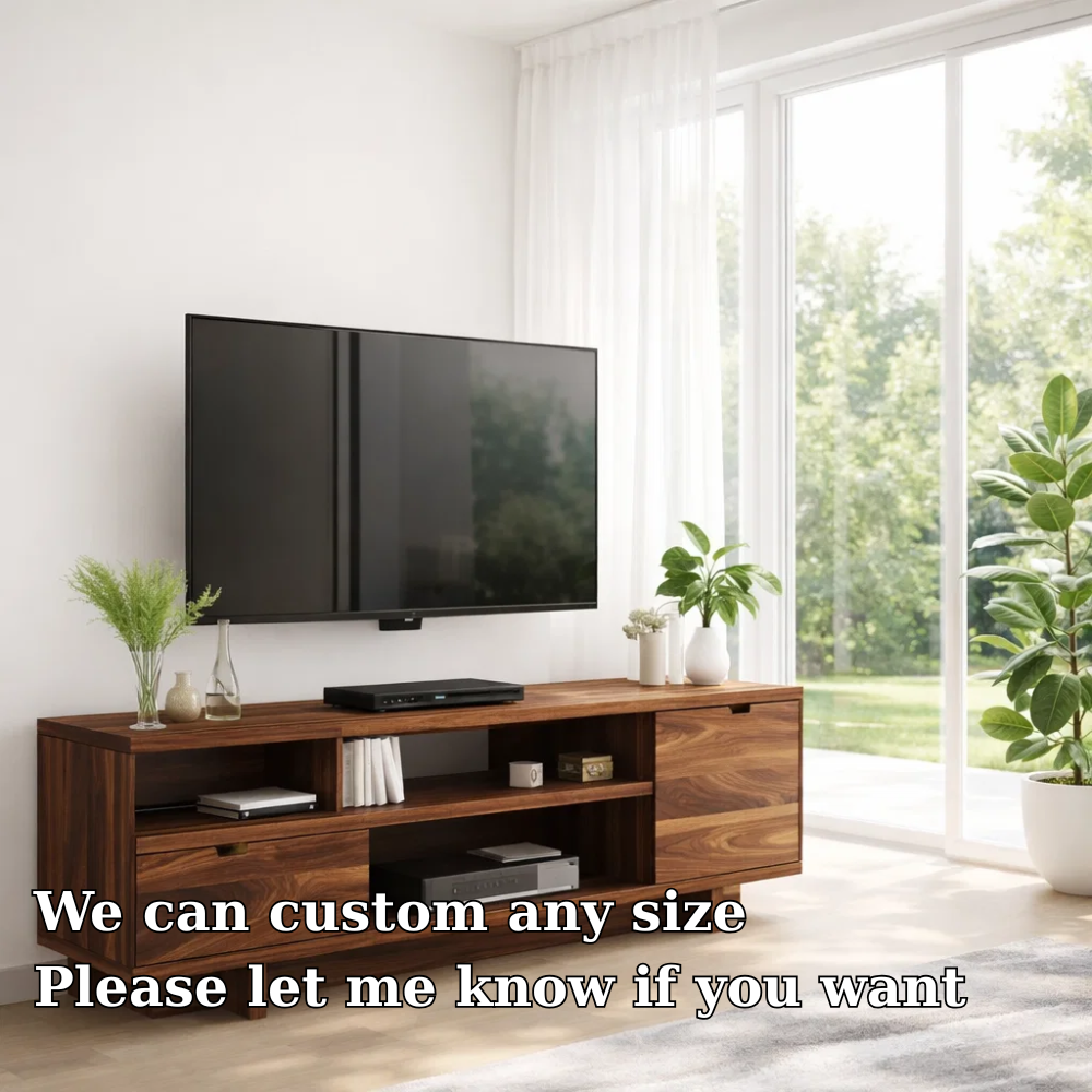 Solid Walnut TV Console with Storage & Open Shelves – Modern Media Unit