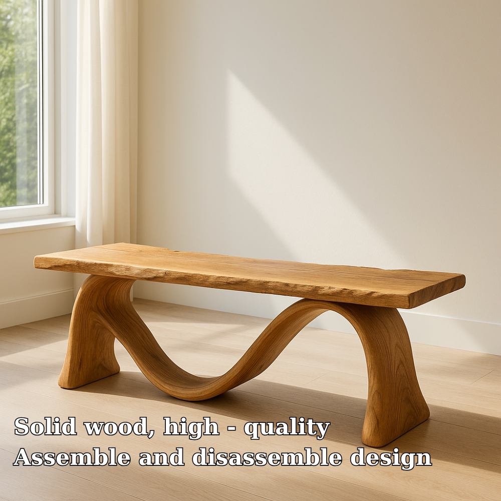 Solid Wood Bench with Sculptural Curved Base – Modern Entryway or Living Room Bench
