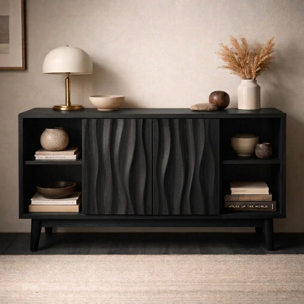 Elegant Solid Wood Console Cabinet with Wavy Doors - Stylish Storage for Living Room