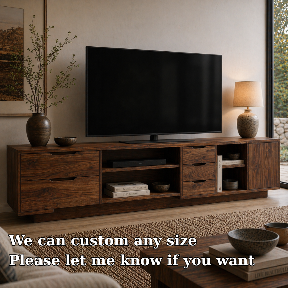 Solid Wood Media Console with Drawers, Modern TV Stand with Open Shelf Storage
