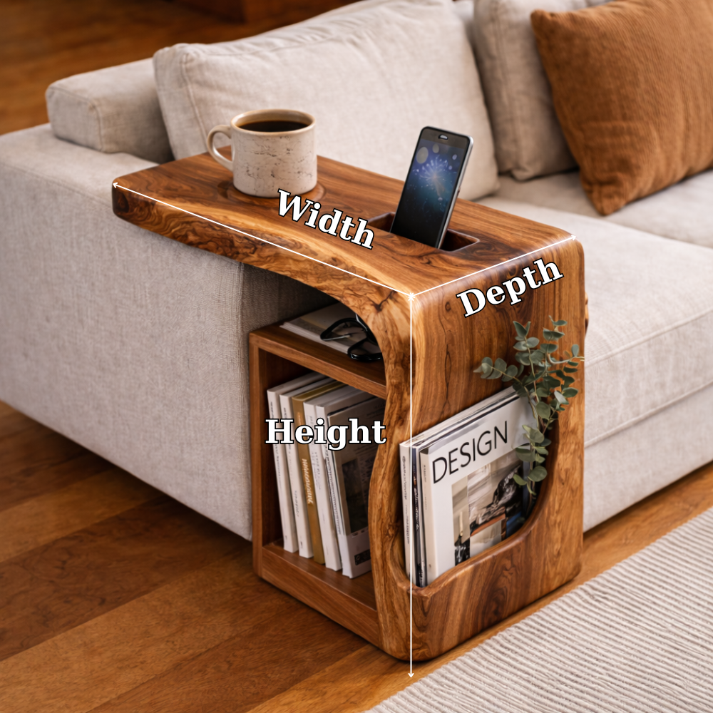 Solid Wood Sofa Armrest Table with Phone Holder – Couch Arm Tray with Storage