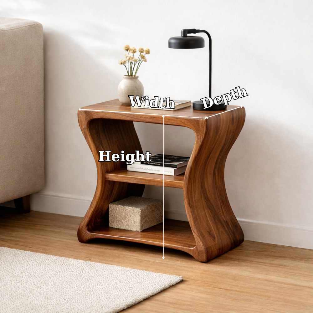 Solid Wood Curved End Table with Shelf – Natural Wooden Side Table for Living Room