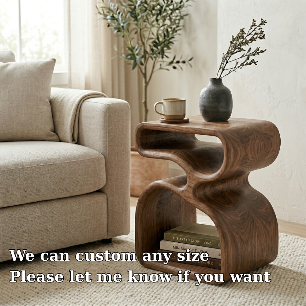 Organic Solid Wood End Table with Sculptural Curves and Storage Shelf