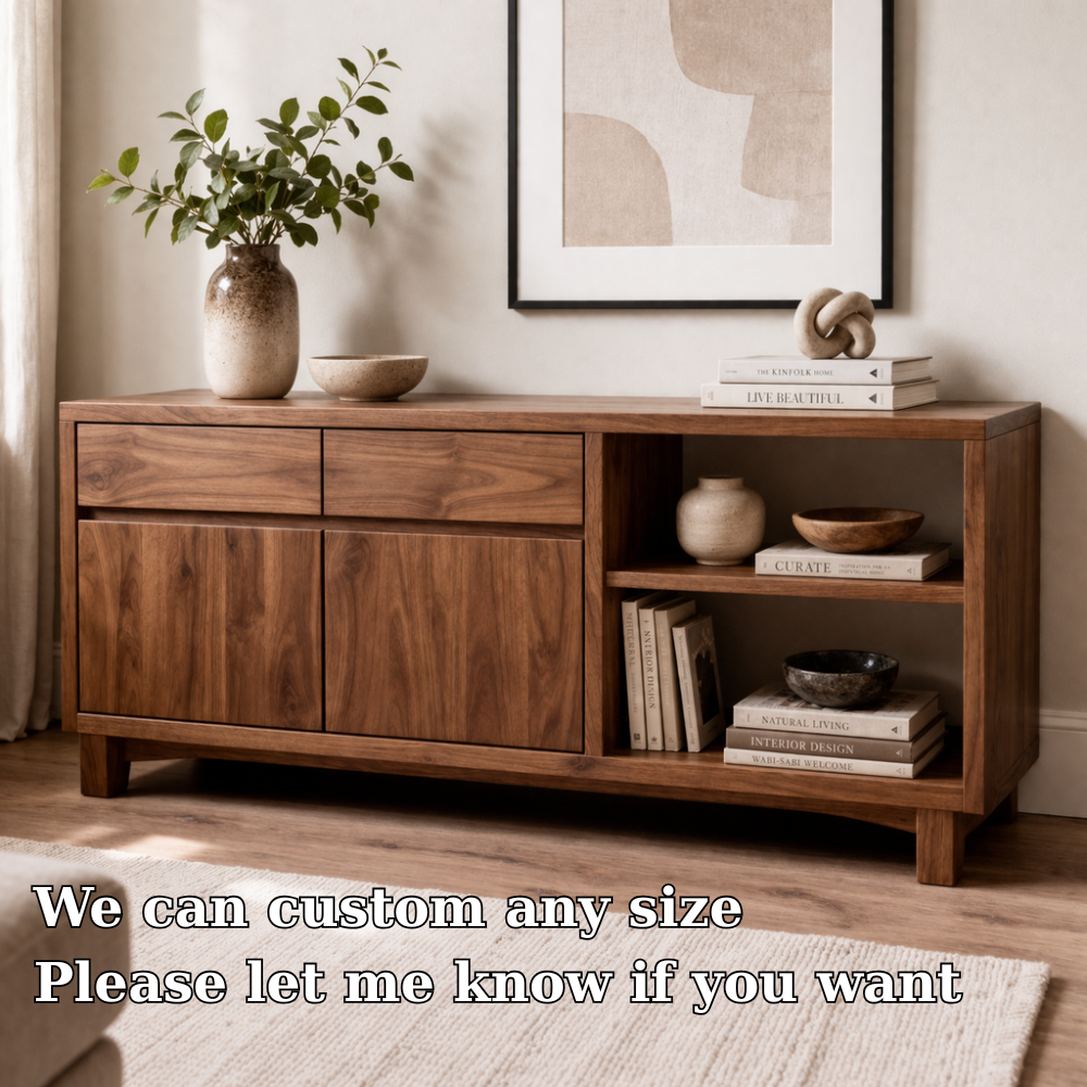 Solid Wood Console Cabinet with Drawers and Open Shelves
